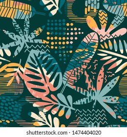 Abstract seamless pattern with tropical leaves. Hand draw texture. Vector template.