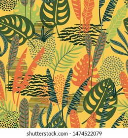 Abstract seamless pattern with tropical leaves. Hand draw texture. Vector template.