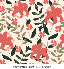 Abstract seamless pattern with tropical leaves and bright colors on pink background. Print of the jungle. Vector design. On a floral background. Textiles and printing. Exotic, tropical.