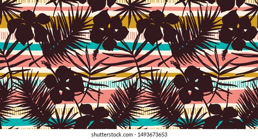 Abstract seamless pattern with tropical leaves. Hand draw texture. Vector template.