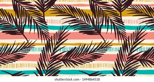 Abstract seamless pattern with tropical leaves. Hand draw texture. Vector template.