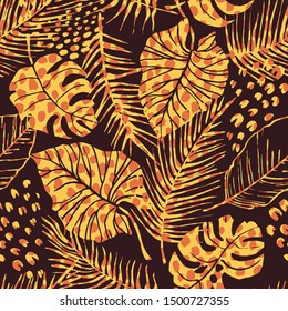 Abstract seamless pattern with tropical leaves. Hand draw texture. Vector template.