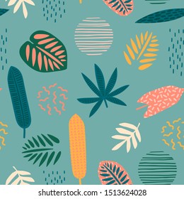 Abstract seamless pattern with tropical leaves. Hand draw texture. Vector template.
