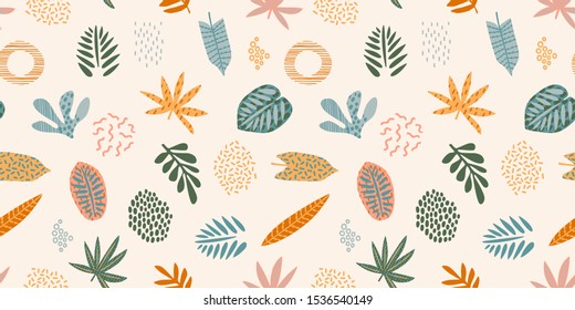 Abstract seamless pattern with tropical leaves. Hand draw texture. Vector template.