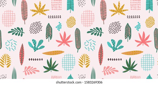 Abstract seamless pattern with tropical leaves. Hand draw texture. Vector template.