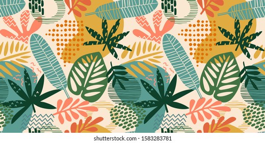 Abstract seamless pattern with tropical leaves. Hand draw texture. Vector template.