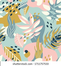Abstract seamless pattern with tropical leaves. Vector Hand drawn texture with different leaves, lines, dots and shapes. Creative universal artistic Fun background botanical design in Scandinavian sty