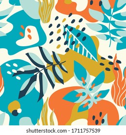Abstract seamless pattern with tropical leaves. Vector Hand drawn texture with different leaves, lines, dots and shapes. Creative universal artistic Fun background botanical design in Scandinavian sty