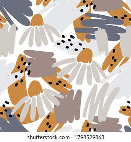 Abstract seamless pattern with tropical leaves. Modern hand drawn pattern in flat style