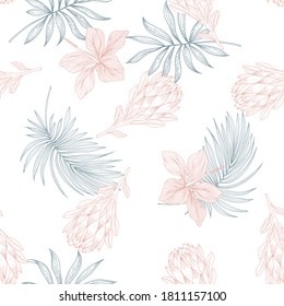 Abstract seamless pattern with tropical leaves. Vector template.