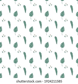 Abstract seamless pattern with tropical leaves. Hand draw texture. Vector template.