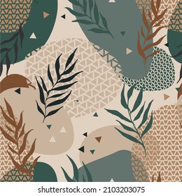 Abstract seamless pattern with tropical leaves on retro background. Vector background, illustration for fabric, printing. Different geometric shapes. Abstraction, exotic Botanical Wallpaper.