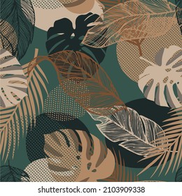 Abstract seamless pattern with tropical leaves on retro background. Vector background, illustration for fabric, printing. Different geometric shapes. Abstraction, exotic Botanical Wallpaper.