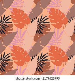 Abstract seamless pattern with tropical leaves. Boho foliage botanical  floral vector design. For wall art, prints and fabrics, sketchbook, wallpaper, wrapping paper.