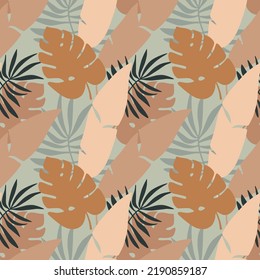 Resumen de patrón sin fisuras con hojas tropicales. Diseño de vectores florales botánicos de follaje boho en colores suaves. Para el arte de la pared, impresiones y tejidos, cuaderno de dibujo, papel de pared, papel de envoltura.
