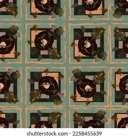 abstract seamless pattern of tropical leaves, repeating squares. wallpaper,textiles. vector illustration