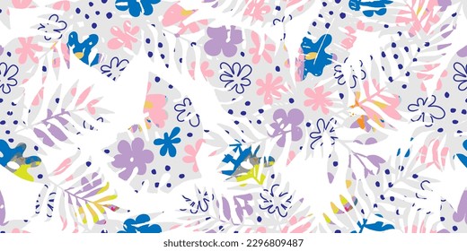 Abstract seamless pattern with tropical leaves and hand-drawn details. Vector illustration