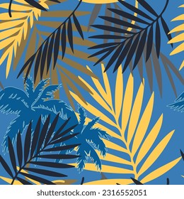 Abstract seamless pattern with tropical leaves and palm trees. Vector colorful collage natural seamless pattern. Print of the jungle. Exotic design for textiles and print.