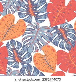 Abstract seamless pattern with tropical leaves. Vector background for various surface. Creative pattern with colorful plants. Floral background.