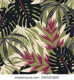 Abstract seamless pattern with tropical leaves. Vector background for various surface. Creative pattern with colorful plants. Floral background.