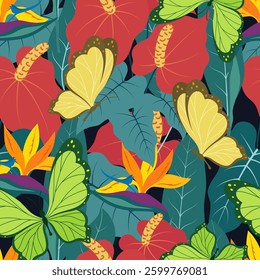 abstract seamless pattern with tropical leaves and flowers on dark background, colorful leaves of anthurium and strelitzia, yellow and green butterflies