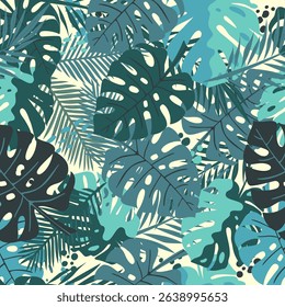 Abstract seamless pattern with tropical leaves. Botanical background. 