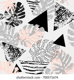 Abstract seamless pattern with tropical leaves and textured triangles. Triangle with grunge textures. Geometric background in 80s 90s pop art style. Hand drawn summer vector illustration