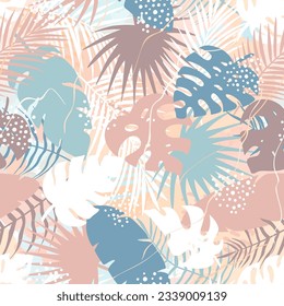 Abstract seamless pattern of tropical palm leaves, jungle Monstera, banana leaves and brush shape. Exotic silhouette plant with grunge texture. Botanical vector illustration for wrapping paper, fabric