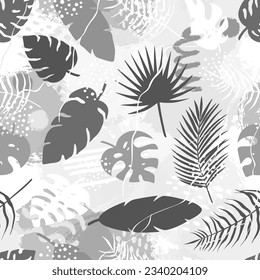 Resumen de un patrón impecable de hojas tropicales de palma, jungla Monstera, hojas de plátano y forma de broche. Planta de silueta exótica con textura de grano. Ilustración vectorial botánica para papel envoltorio, tela