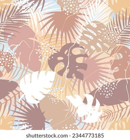 Resumen de un patrón impecable de hojas tropicales de palma, jungla Monstera, hojas de plátano y forma de broche. Planta de silueta exótica con textura de grano. Ilustración vectorial botánica para papel envoltorio, tela