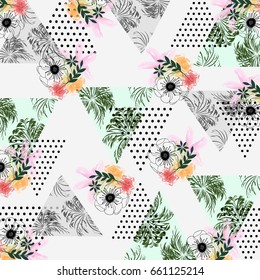 Abstract seamless pattern with tropical palm leaves,flowers and textured triangles. Triangle with grunge halftone textures. Geometric background in 80s 90s pop art style. Vector illustration.