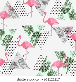 Abstract seamless pattern with tropical palm leaves,flamingos and textured triangles. Triangle with grunge halftone textures. Geometric background in 80s 90s pop art style. Vector illustration.