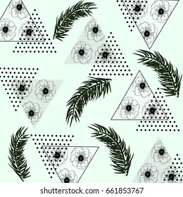 Abstract seamless pattern with tropical palm leaves,and textured triangles. Triangle with grunge halftone textures. Geometric background in pop art style. Vector illustration.