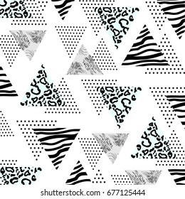 Abstract seamless pattern with tropical palm leaves,and leopard,zebra textured triangles. Triangle with grunge halftone textures. Geometric background in 80s 90s pop art style. Vector illustration.