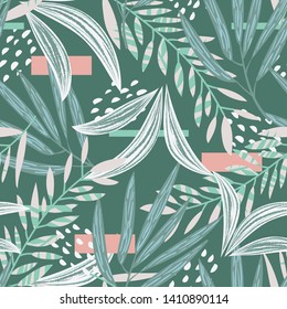 Abstract seamless pattern with tropical plants on green background. Vector design. Jungle print. Textiles and printing.
