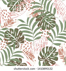 Abstract seamless pattern with tropical plants on white background. Vector design. Jungle print. Textiles and printing.