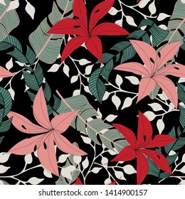 Abstract seamless pattern with tropical plants and flowers on black background. Vector design. Jungle print. Textiles and printing. Floral background.