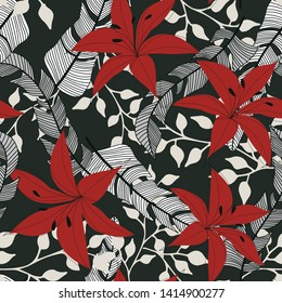Abstract seamless pattern with tropical plants and leaves on grey background. Vector design. Jungle print. Textiles and printing. Floral background.