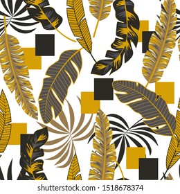 Abstract seamless pattern with tropical plants and geometric shapes. Seamless exotic pattern with tropical plants. Jungle leaves vector floral pattern background.