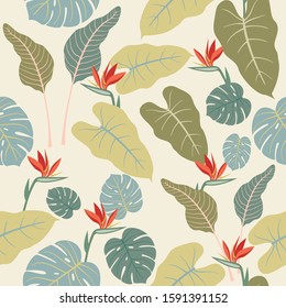 Abstract seamless pattern with tropical plants and flowers. Modern exotic design for paper, cover, fabric, interior decor and other users.
