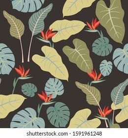 Abstract seamless pattern with tropical plants and flowers. Modern exotic design for paper, cover, fabric, interior decor and other users.