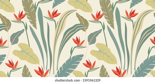 Abstract seamless pattern with tropical plants and flowers. Modern exotic design for paper, cover, fabric, interior decor and other users.