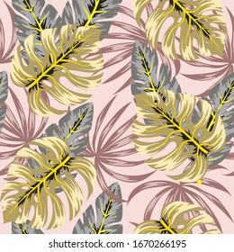 Abstract seamless pattern with tropical plants on a pink background. Illustration in Hawaiian style. Jungle leaves. Botanical pattern. Flowers and leaves and hand drawn. Exotic wallpaper, beautiful pr