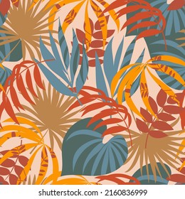 Abstract seamless pattern with tropical plants and leaves. Creative abstract background. Exotic design for fabric, paper, cover, interior decor and other users.