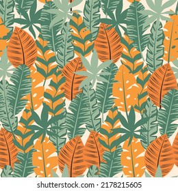 Abstraktes nahtloses Muster mit tropischen Pflanzen und Blättern. Sommerhintergrund mit exotischen Blättern. Blumendesign für Stoffe, Papier, Deckel, Innendekoration und andere Benutzer.