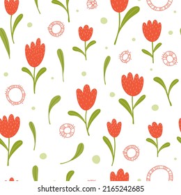 Abstract seamless pattern with tulips and other ornaments. Vector romantic hand drawn background with garden flowers.