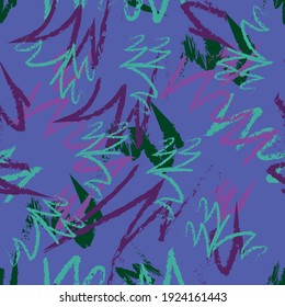 Abstract seamless pattern with turquoise, crimson and green curved lines on a purple background. For textile, wallpaper, fabric and background.