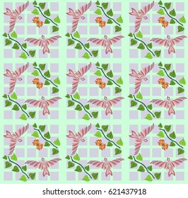Abstract seamless pattern with two birds and butterfly