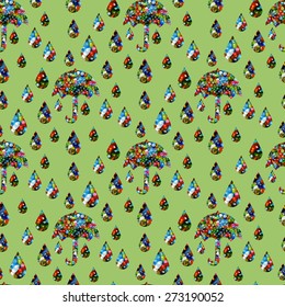 Abstract seamless pattern of umbrellas and raindrops on green background