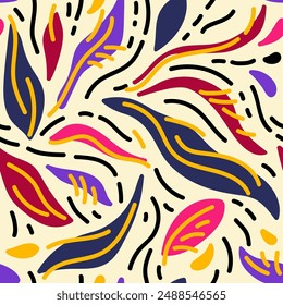 Abstract seamless pattern. Undulating shapes similar to leaves or feathers, bionic shapes. Colors creative template. Trendy collage for textile, wrapping paper, wallpaper, cover design. Vector texture